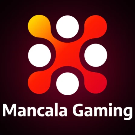 โลโก้ Mancala Gaming จุดขาวห้าจุดบนพื้นไล่สีแดงส้ม พร้อมชื่อใต้ภาพ