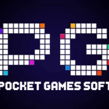 โลโก้ PG ตัวอักษรเป็นตารางจุดสีขาว พร้อมคำว่า Pocket Games Soft