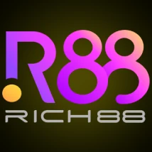 โลโก้ R88 ตัวอักษรไล่สีม่วงชมพู พร้อมชื่อ RICH88 ใต้โลโก้